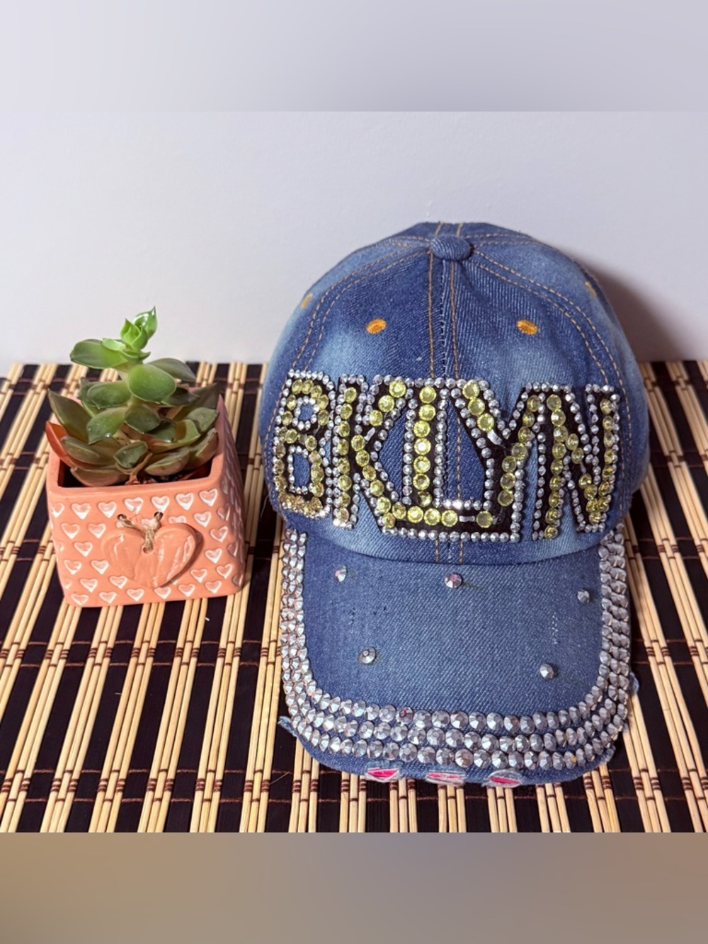 Magid Yellow and Black Denim Hat Label Detail bedazzle bling BKLYN Brooklyn